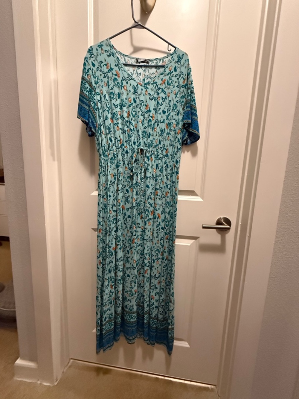 Aqua Floral Drawstring Maxi Dress